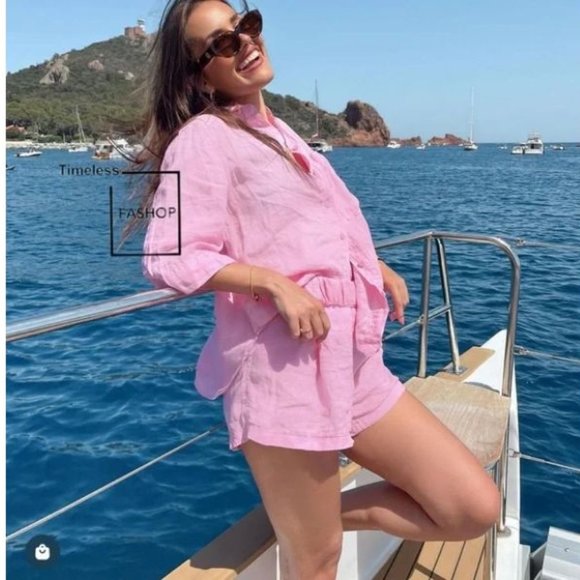 ZARA 2 PIECES LINEN SHIRT WITH POCKET & CARGO SHORTS - Picture 2 of 9